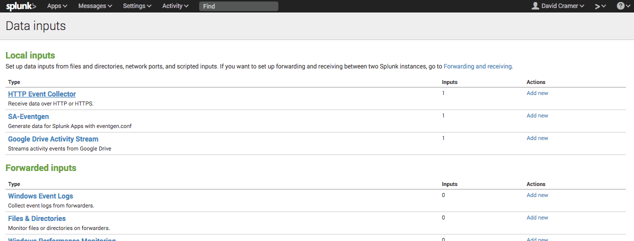 Splunk data inputs